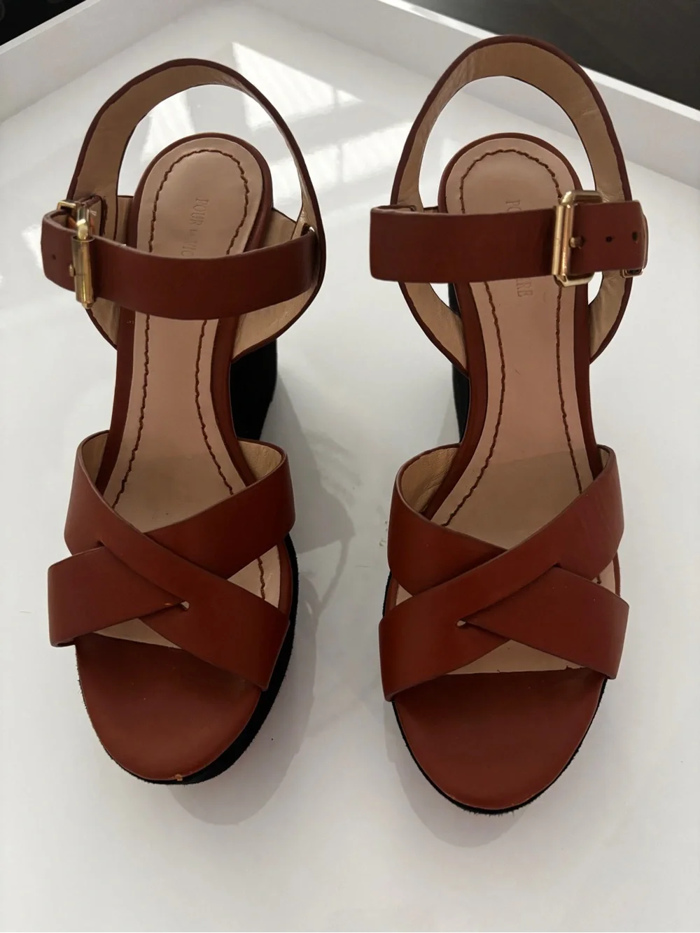 Pour La Victoire Brown Leather Wedge Sandals with Gold Buckles
